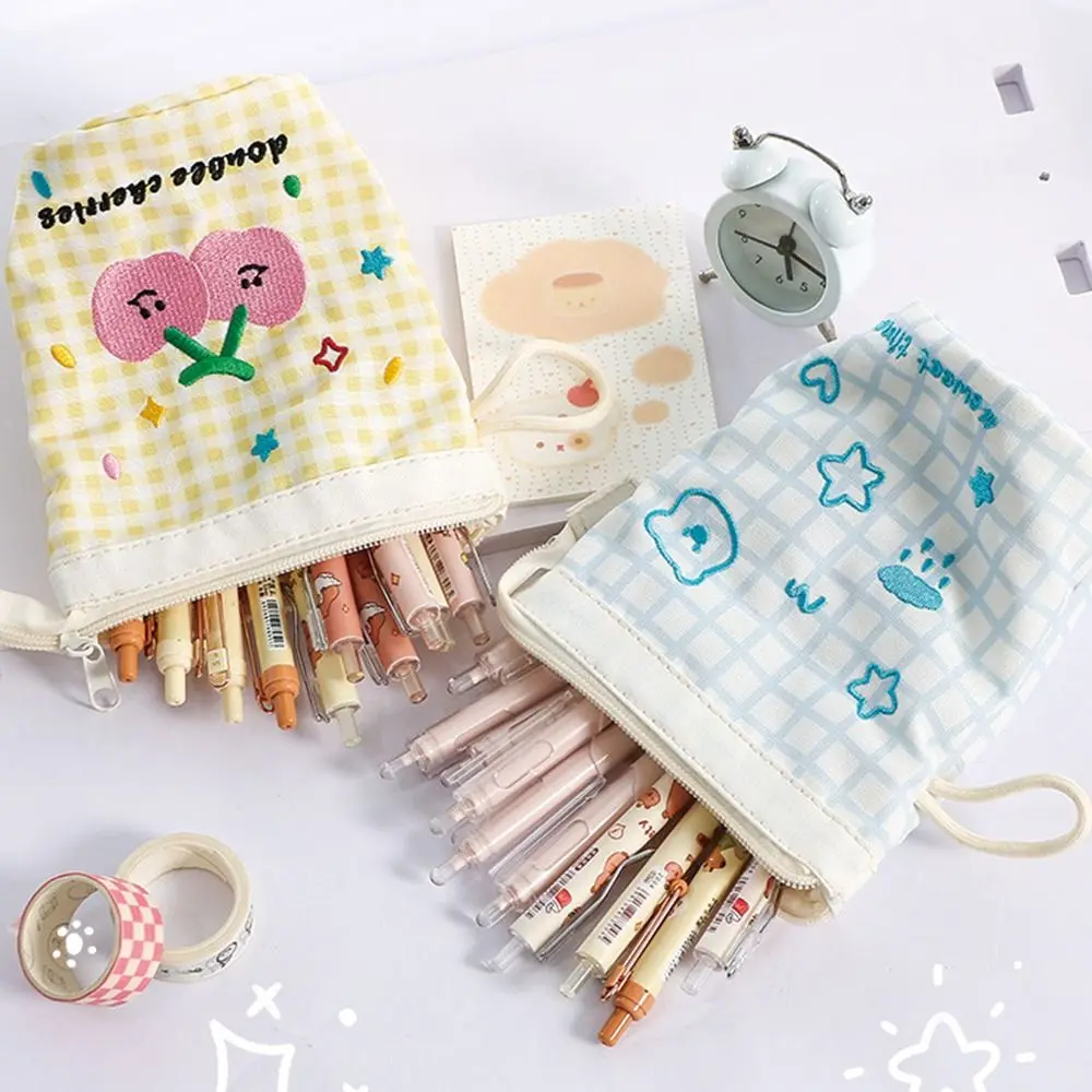 Gifts Portable Plaid Pen Bag Contrast Color Dopamine Vertical Pen Holder Large Capacity Stationery Bags