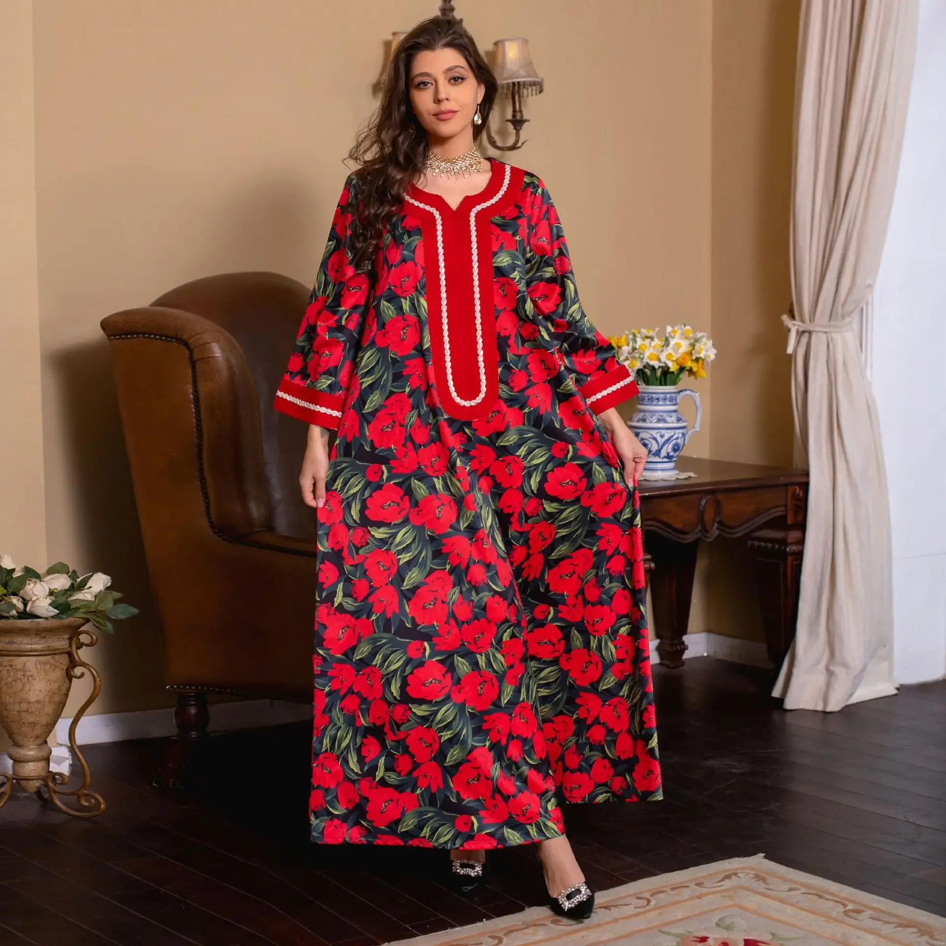 

Muslim Dresses Dubai Saudi Women Maxi Dresses Diamond Printed Floral Casual Long Robe Fashion Female Loose Dresses Vestidoes