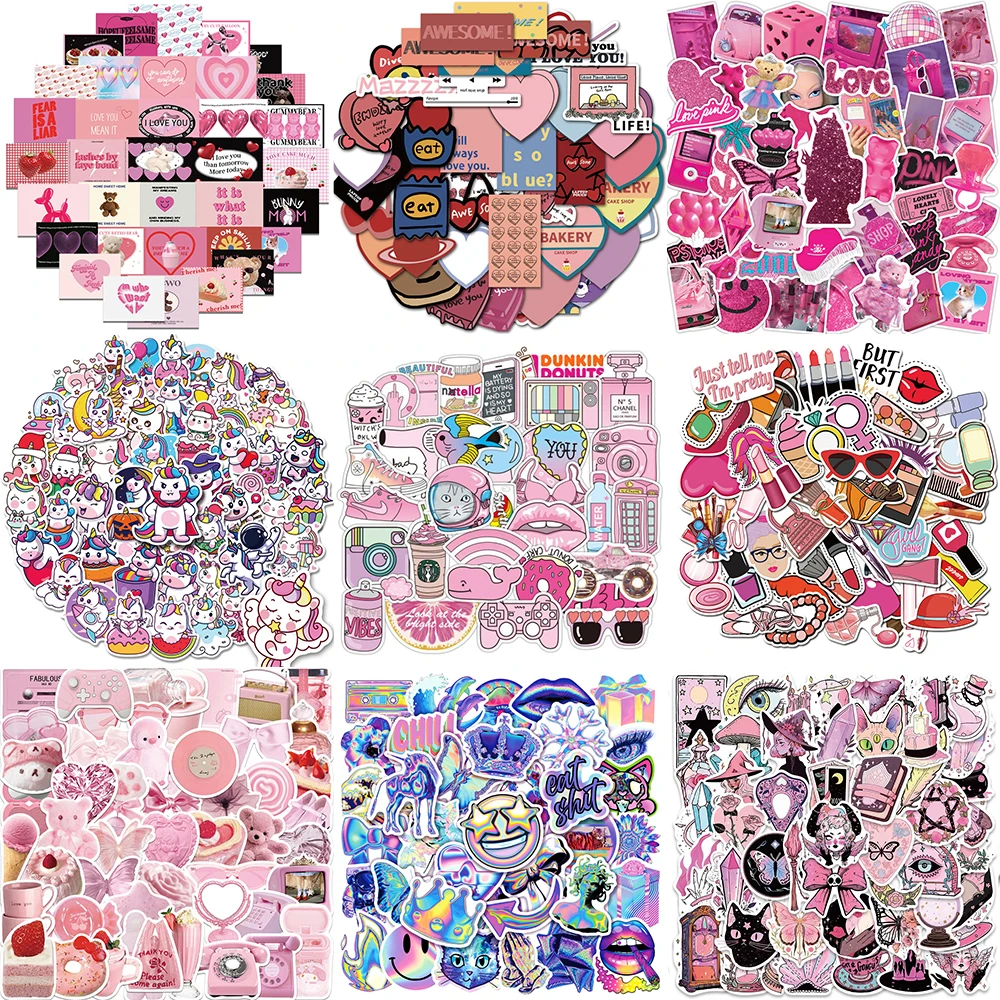 10/30/50PCS Cartoon Pink Stickers Series Creative Acidic Graffiti Bicycle Scooter Helmet Notebook Computer Decoration Wholesale