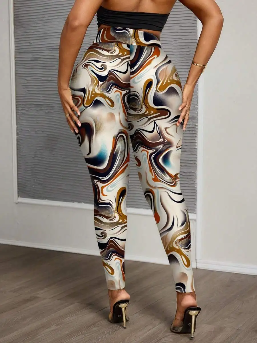 Slaydiva Women's Casual Minimalist Wave Ripple Print Full-Length Leggings, Autumn/Winter Suitable For Going Out