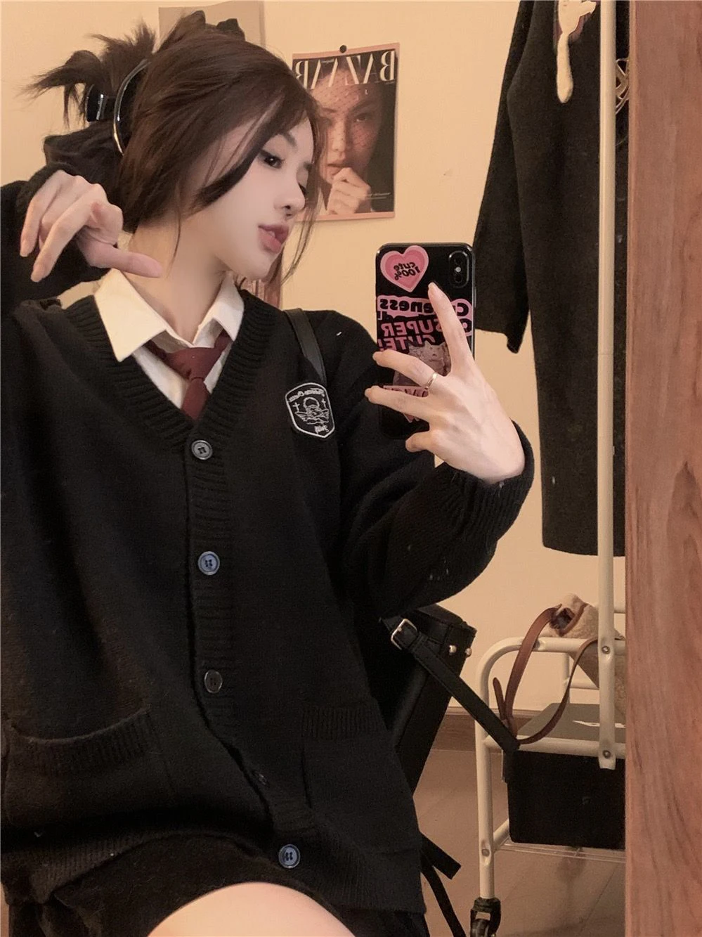 

Loose Bla Knitted V-Ne Sweater Coat Women's Winter New Sle Lazy JK Open Cardigan Mid-Length Top College Sle