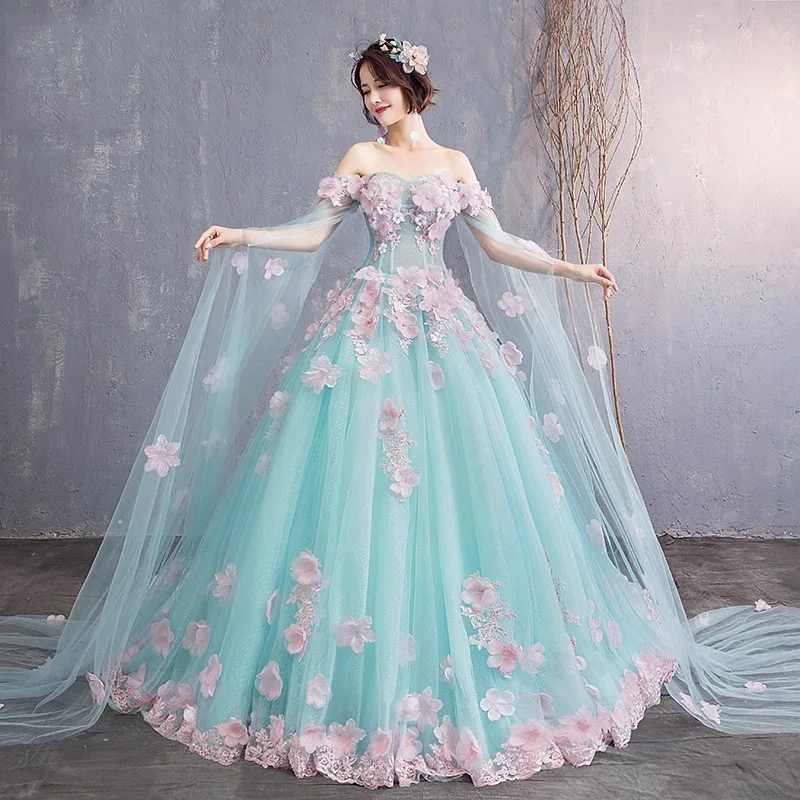 Charming  Pink Flowers Lace Off the Shoulder Quinceanera Dresses Sweep light Blue Tulle Skirt Prom Party Gown robes 15 Years