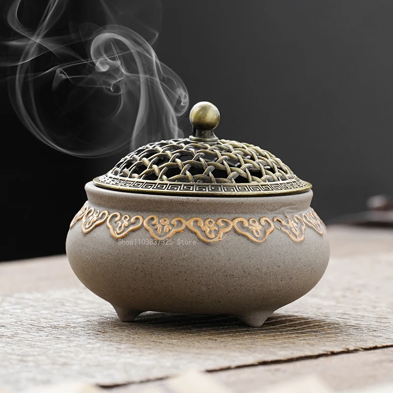 Household Indoor Hollow Out Lid Ceramic Incense Burner Joss Stick / Incense Coil Retro Zen Multi-purpose Aromatherapy Stove