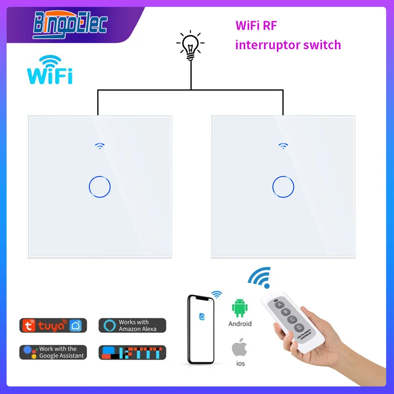 Bingoelec WiFi Wall Switch Touch Sensor Smart Home Interruptor 1/2/3Gang No Neutral Light Switches Work with Alexa Google Tuya