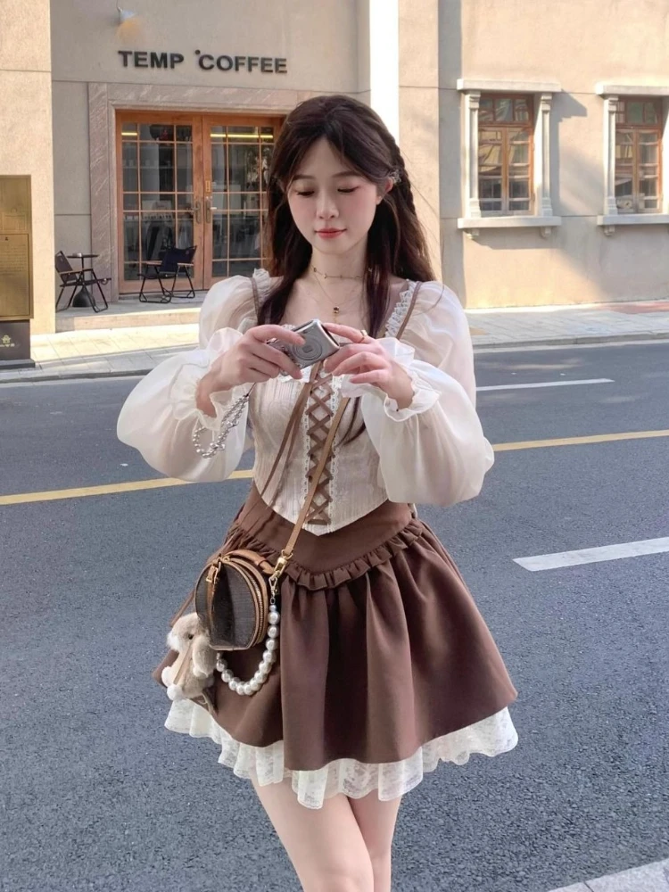 

Vintage Sweet Beach Style 2 Piece Sets Women Y2k Crop Top + Mini Skirts 2025 Summer American Retro Suits Chic Outfits