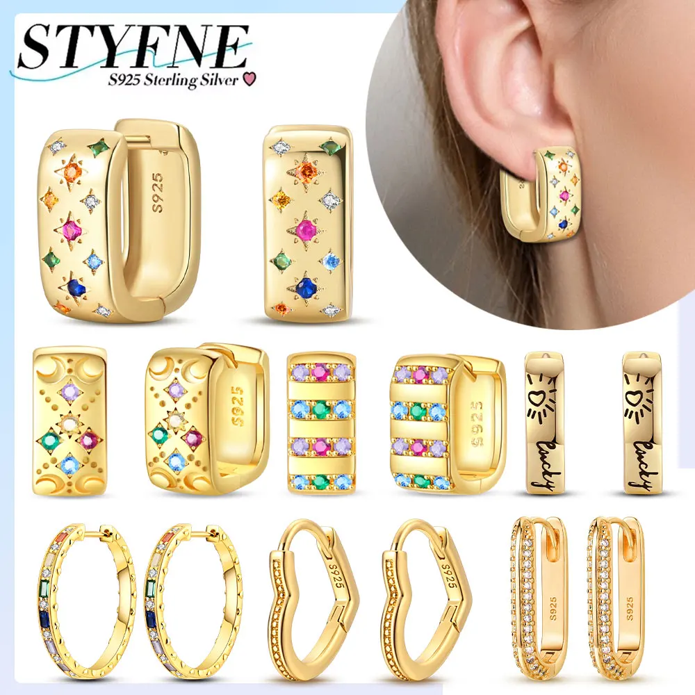 925 Silver-Plated Colorful Zirconia Heart Hoop Earrings for Women Party Anniversary Birthday Gathering Daily Match