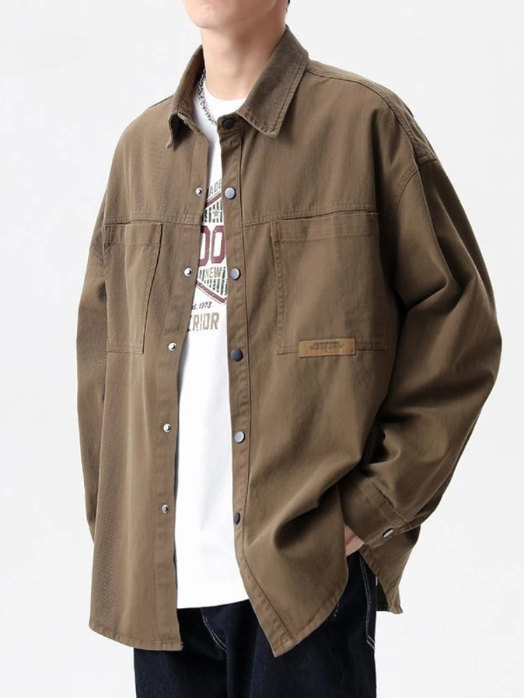 Shirts Men Leisure Baggy Streetwear Pocket Spring Autumn Daily Simple All-match Japanese Style Male Retro Solid  4 Color