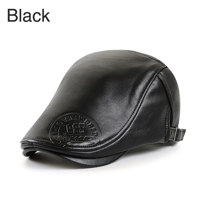 New Autumn Winter Men Peaked Cap PU Leather Flat Cap Warm Duckbill Cap Beret Hat Stamping Logo Sports Cap