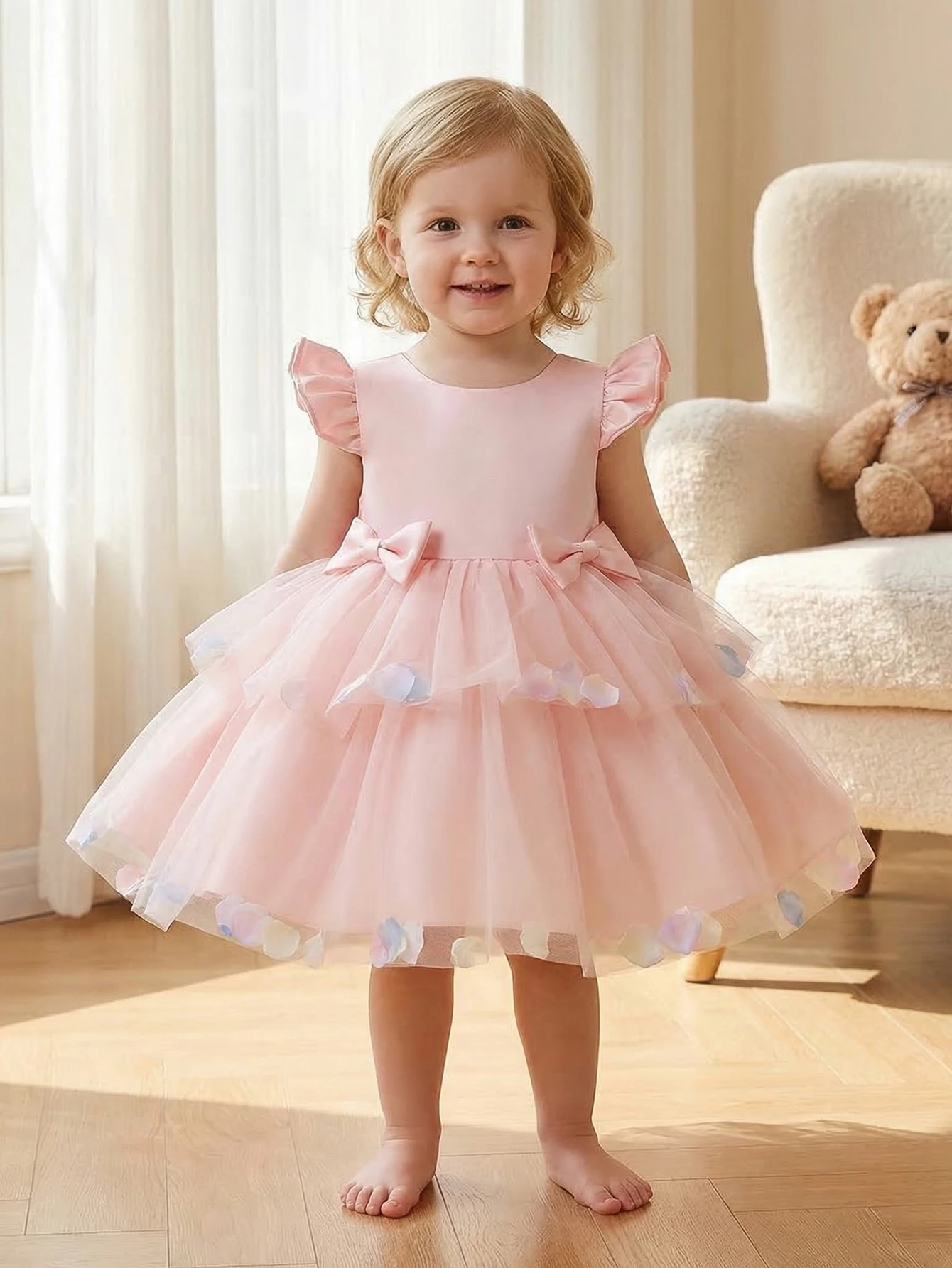 Baby Girls Bowknot Net Silk Pink Wedding Flower Child's Dress Flower Pattern Decorated Party Dress,Banquet,Formal Evening Gown