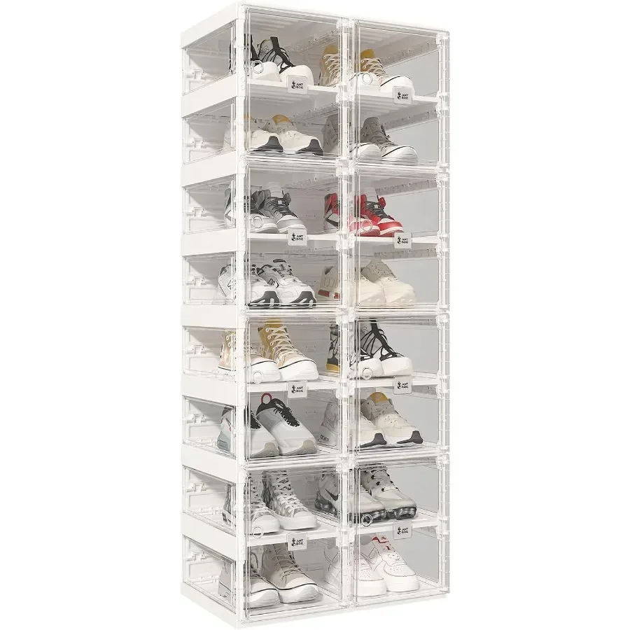 Foldable Shoe Rack for Closet: Plastic, Clear, Space-Saving Stackable Organizer with Magnetic Door, 8-Tier, 16-Pair Capacity