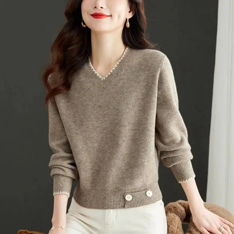 Autumn Winter Women\'s Solid Color V-Neck Pullover Button Long Sleeve Screw Thread Sweater Knitted Elegant Office Lady Tops