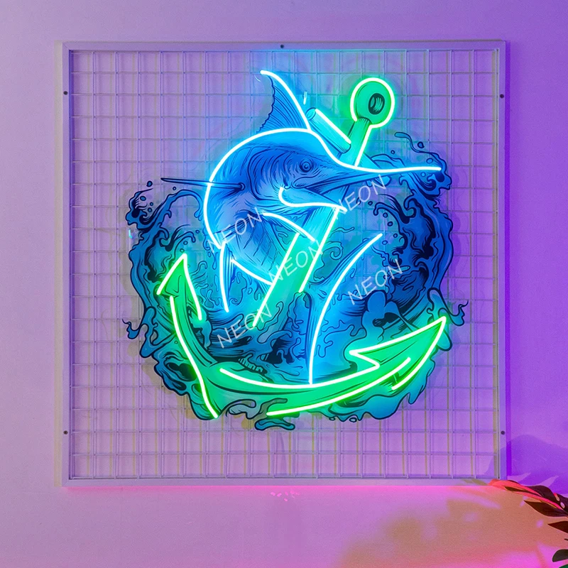 Imagem -03 - Marlin Fish With Anchor Led Neon Sign Light Custom Bar And Pub Wall Decor Casa e Quarto Sinais Pop Art Presentes para Amantes de Pesca