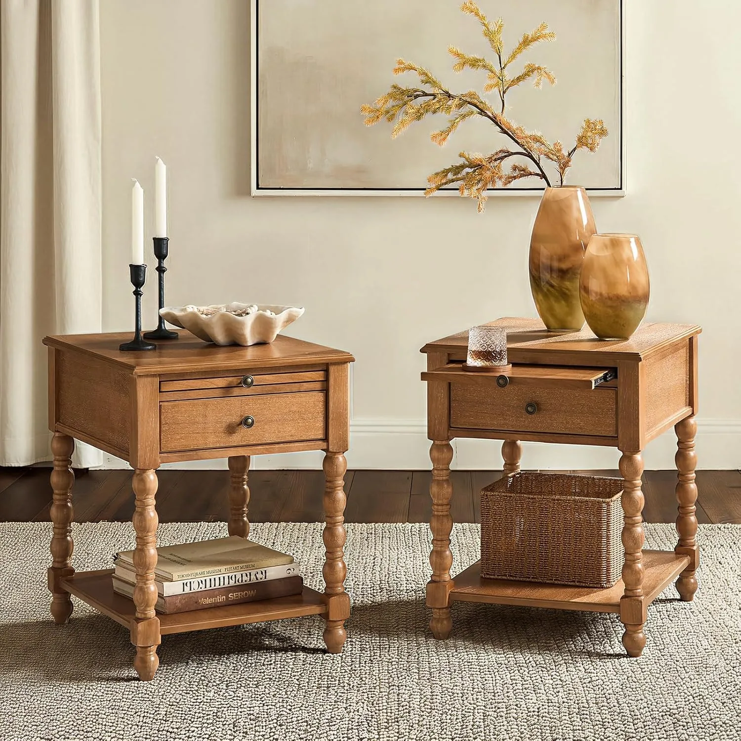 Seadrift Spindle Solid Wood Nightstand with Charging Station Drawer Pull-Out Shelf Side Table, Custom
