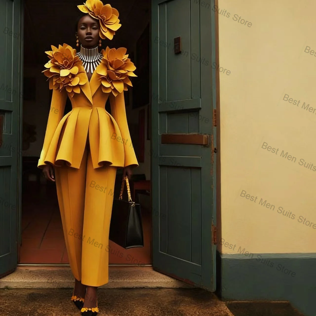 Yellow Women Suit Set 2 Pcs Blazer Pants Trousers 3D Flowers Ruffles Hem Formal Office Jacket Customized Wedding Guest Coat view 3
