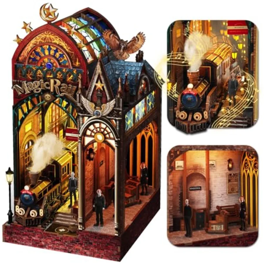Station Book Nook Kit, 3D Wooden Puzzles for Adults with LED Light and Sound, Enchanted DIY Miniature Bookshelf Decor Experienc