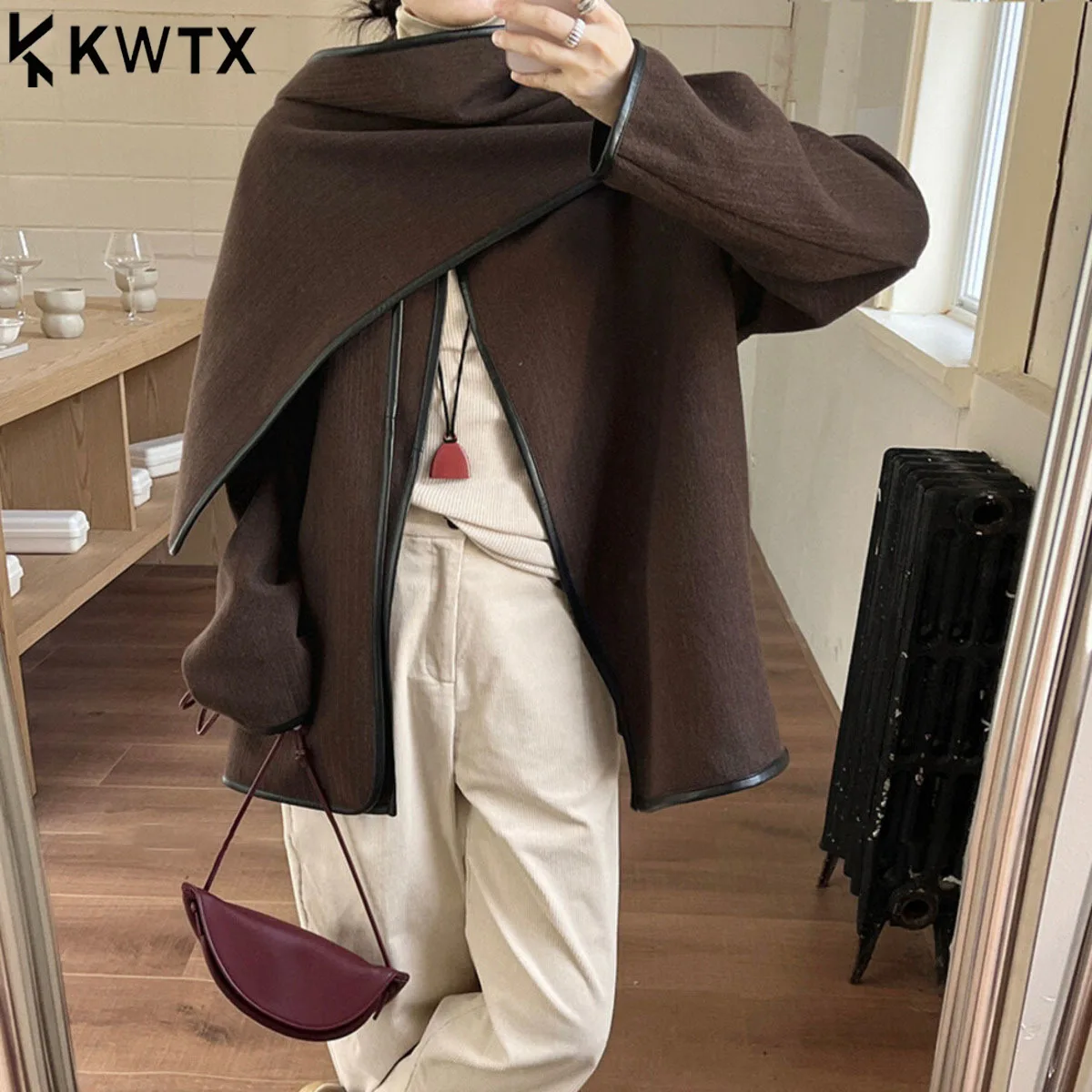

KWTX 2025 New Women's Wool Coat Color Block Cardigan w/ Scarf Patchwork Vintage Designer Elegant Premium Comfort Winter Fashion