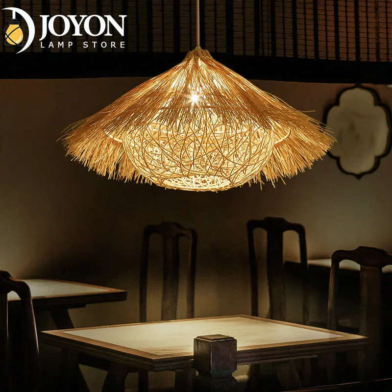 Southeast Asia Bamboo Pendant Lamp LED Rattan Chandelier Round Bird's Nest House Straw Hat Lamp Pastoral Vintage Restaurant