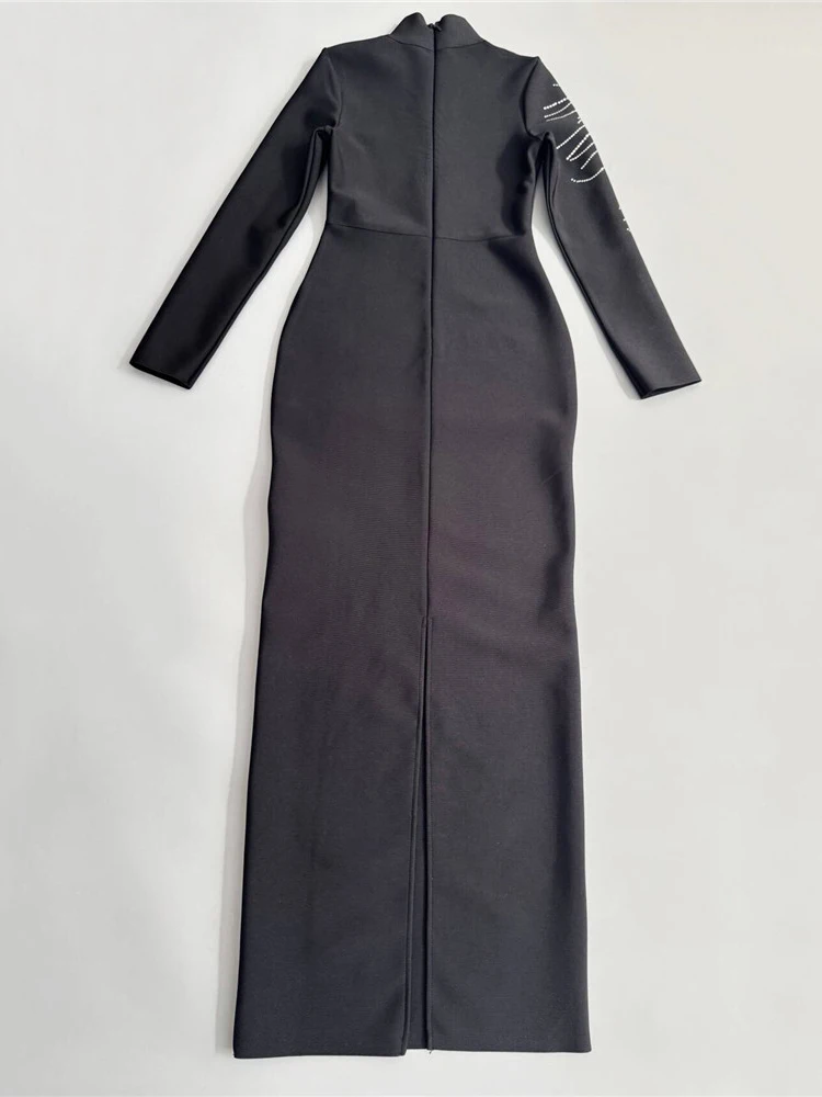 Sexy manga longa diamantes frisado bandage vestido feminino preto o pescoço strass bodycon vestidos de festa à noite vestidos de cocktail