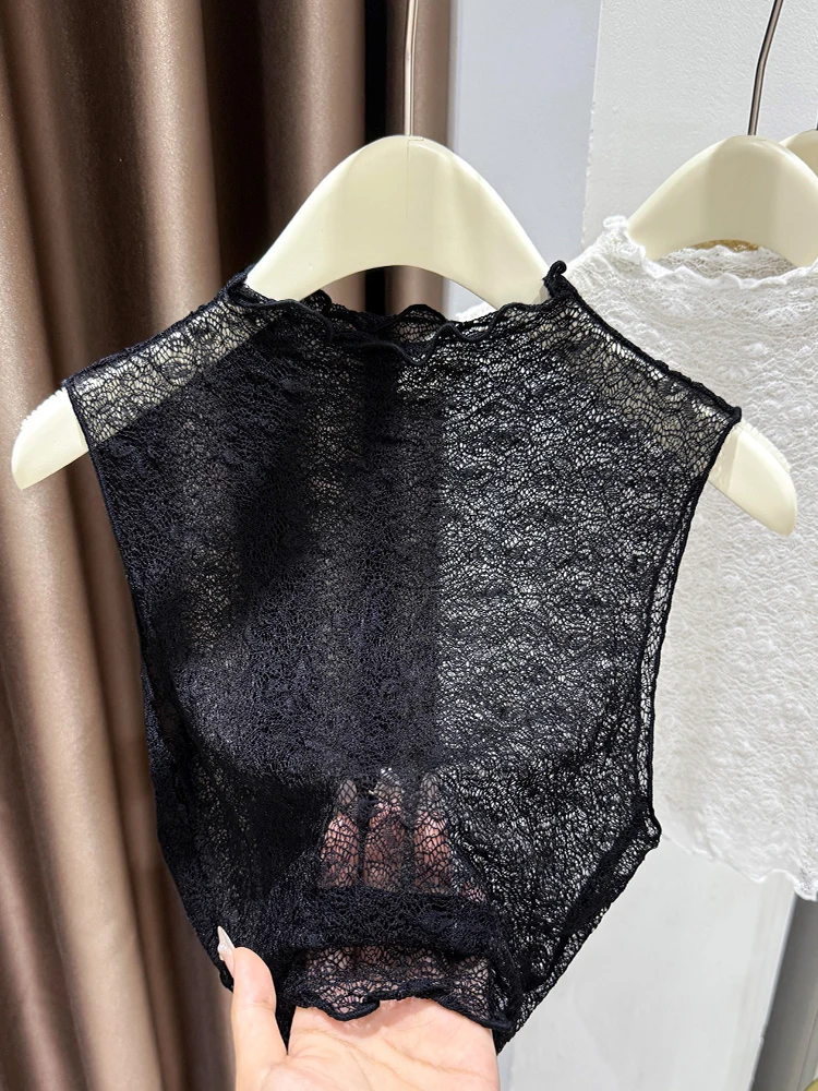lightweight-black-lace-sleeveless-vest-women's-base-shirt-autumn-fake-collar-earlet-design-slim-fit-short-top