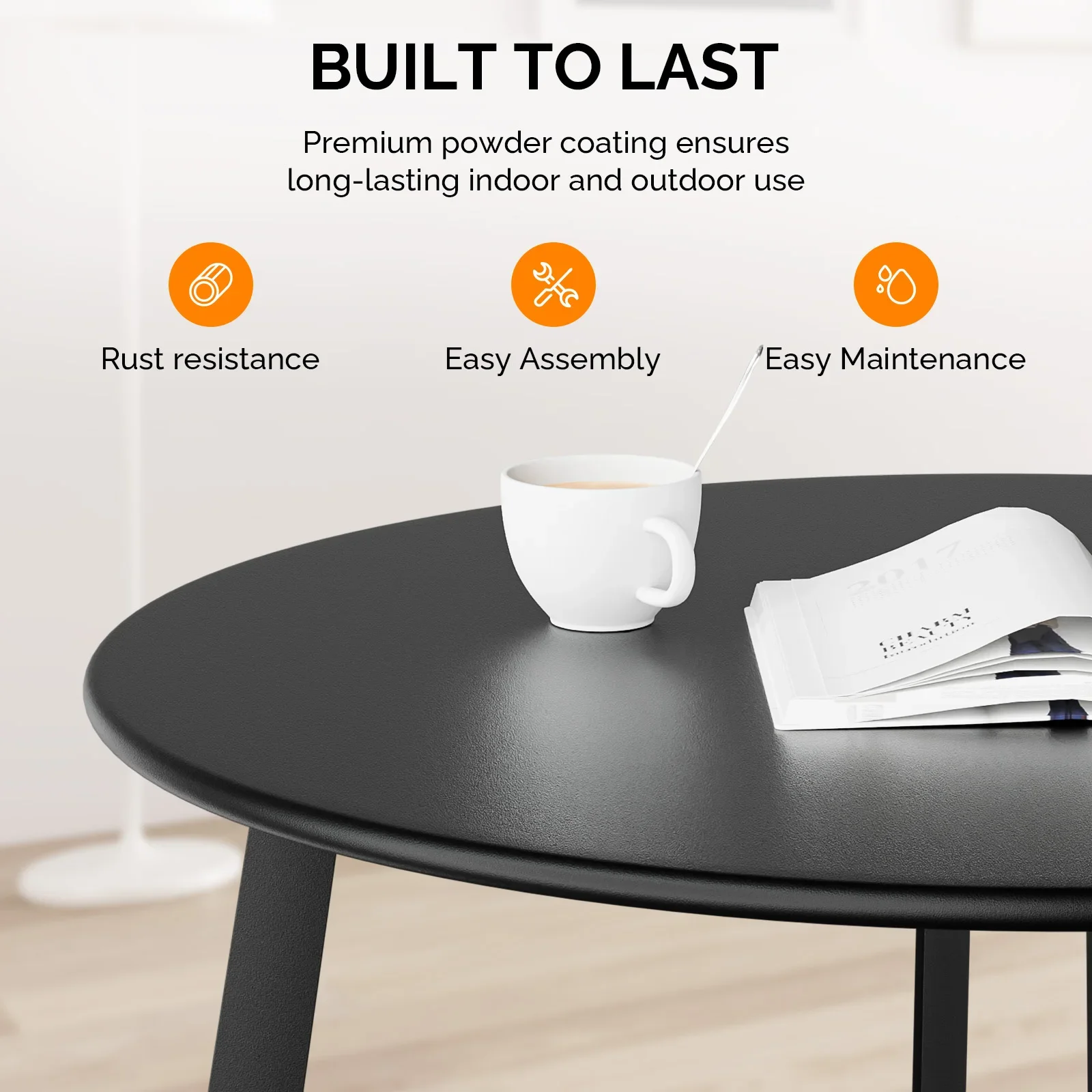 طاولة قهوة للفناء، طاولة مستديرة خارجية من الفولاذ المعدني، طاولة جانبية للفناء من الفولاذ المقاوم للطقس، باللون الأسود