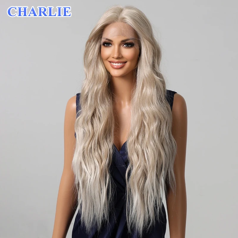 Synthetic Wig 13x4 Lace Wig Long Wavy Platinum Blonde Wigs for Women Daily Party Cosplay Wedding Use High Density Heat Resistant