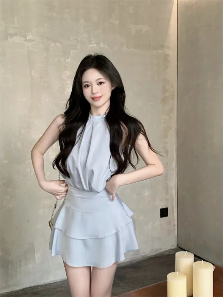 Two Piece Set Women Y2k Crop Tank Tops Loose Solid Fashion Camis Sleeveless Blouse High Waist Skirts Elegant Suits Ladies Korean