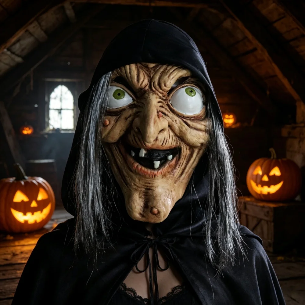 Realistische Böse Hexenmaske mit Kapuze & Haar, Latexmaske für Halloween-Party, Cosplay, Scherzartikel – Detail 3