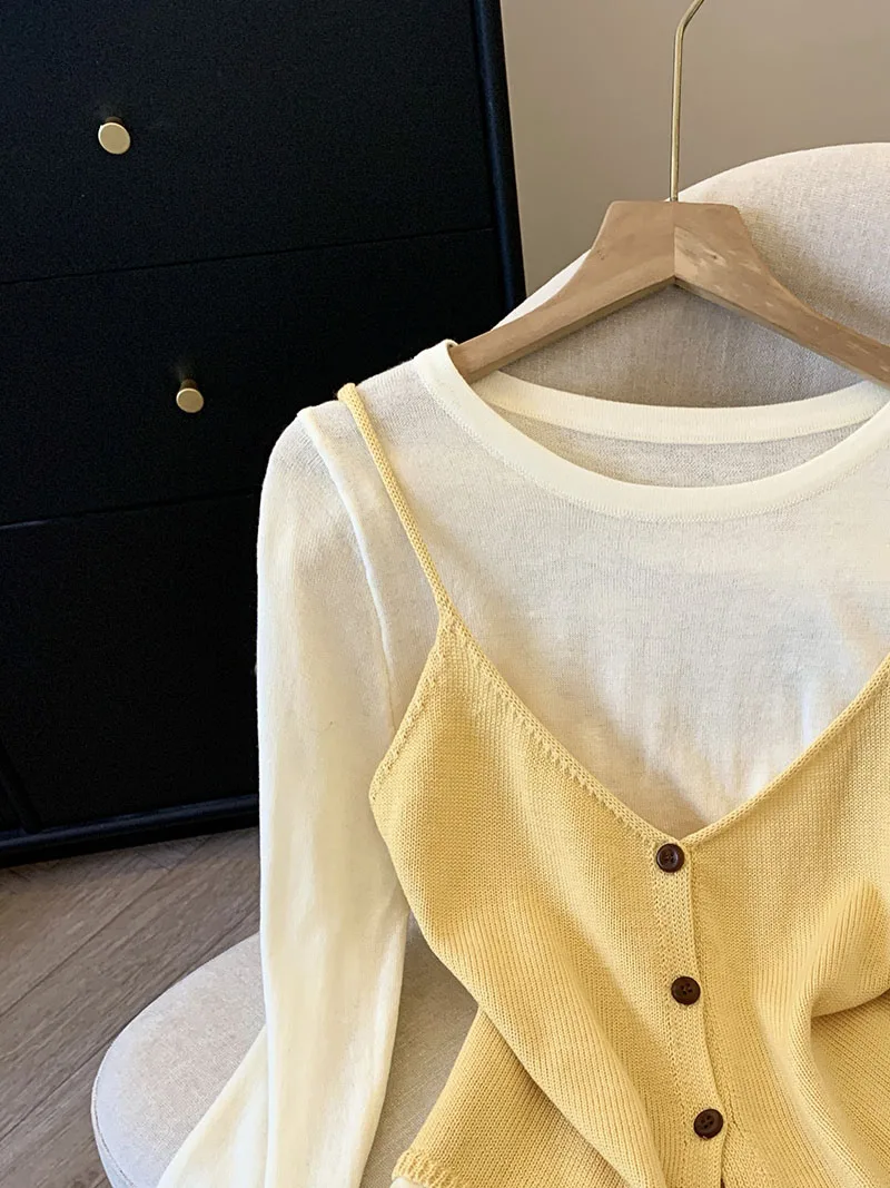 Colete camisola de malha redutora de idade com parte inferior e top de manga comprida, conjunto de duas peças para mulheres primavera/outono nova moda top