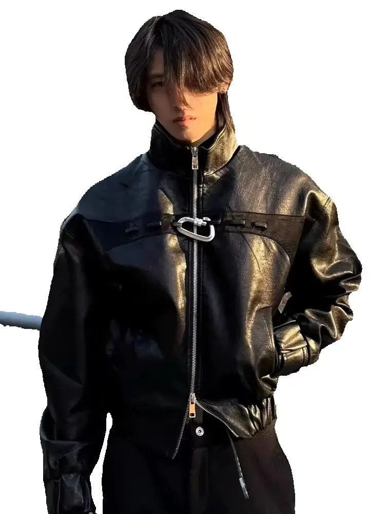 American Fashion Brand High Street Black Leather Coat Hiphop Short Stand-Up Motorcycle Jacket