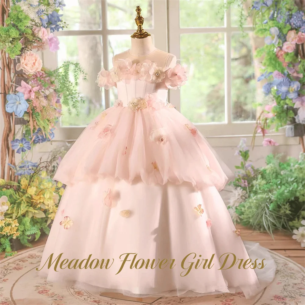Meadow Dusty Blush Pink Kids Birthday Party Dress Off Shoulder Pageant Dress for Girl with 3D Floral Luxury First Communion Gown