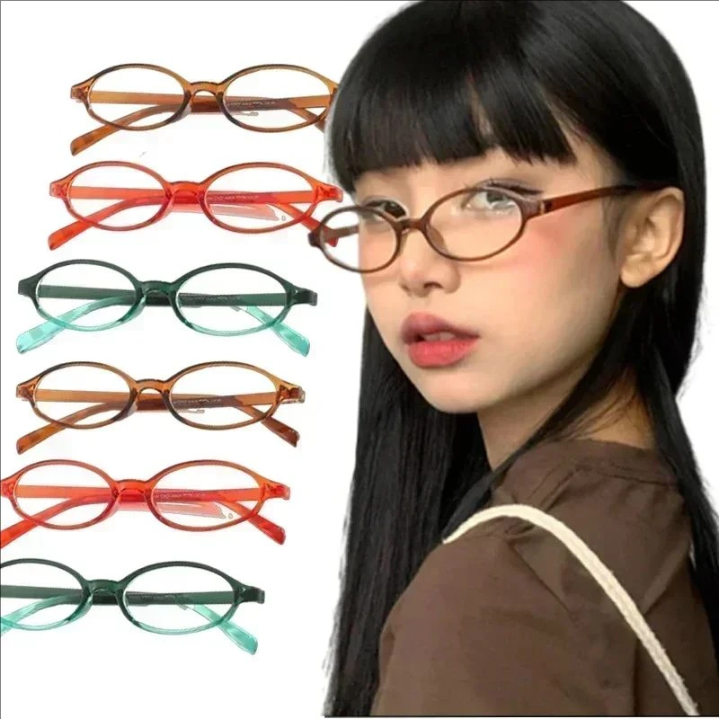 Women Retro Oval Glasses Y2K Japanese and Korean Girls Red Green Frame Glass Eyewear Decorative Computer Anti-blue Eyeglasses