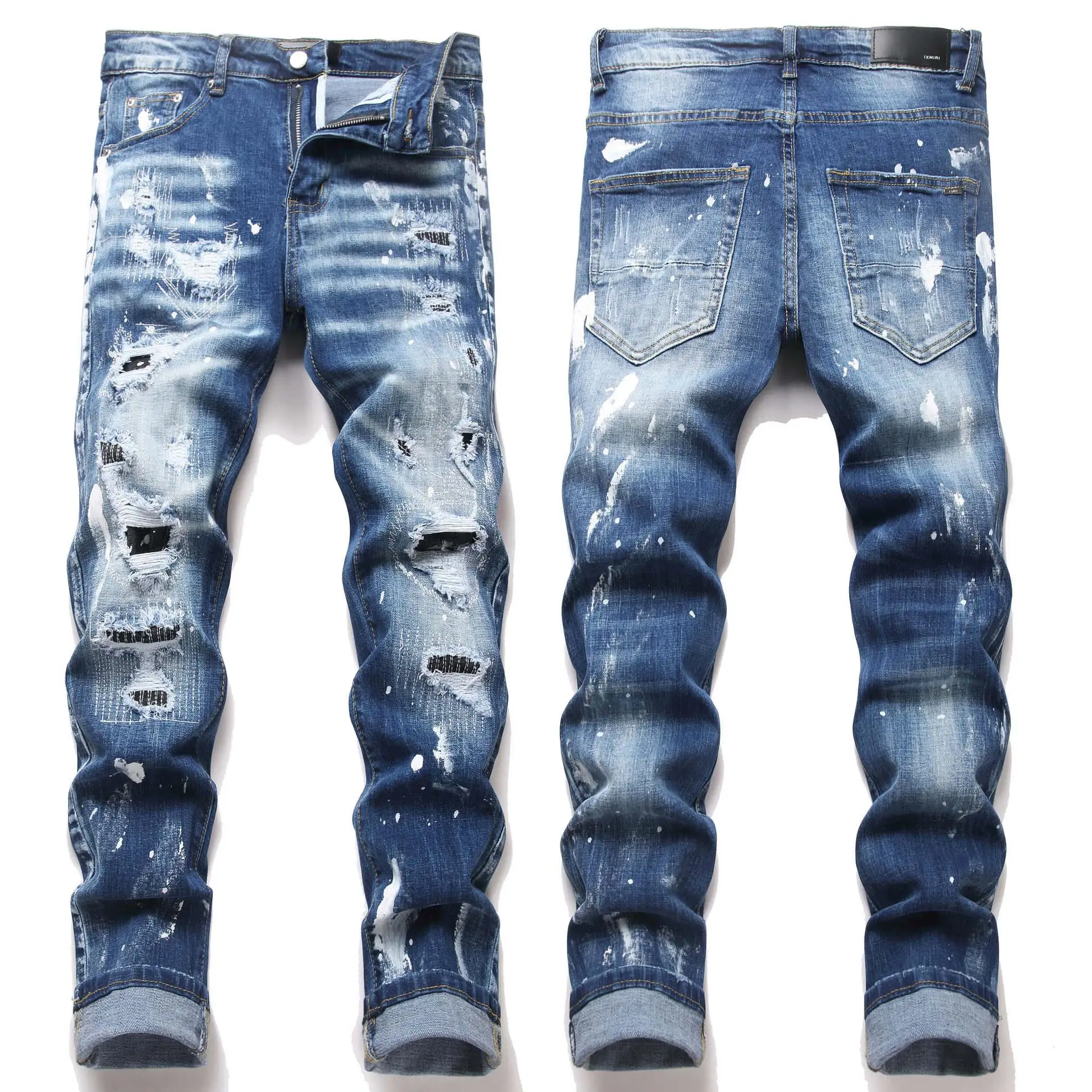

Blue Youth Embroidered Piercing Spray Paint Elastic Tight Casual mid Waist Zipper Fly Stone Washed Jeans for Men Summer 2015