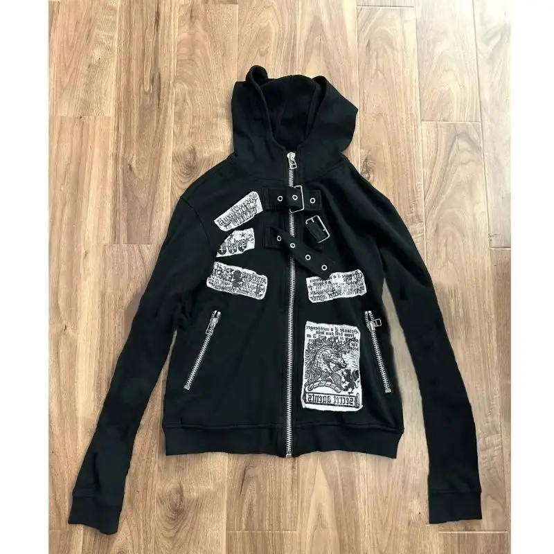 

Y2k американская винтажная куртка с капюшоном с длинным рукавом, женская повседневная толстовка в стиле панк, уличная одежда, субкультура на молнии, осень 2023 г.