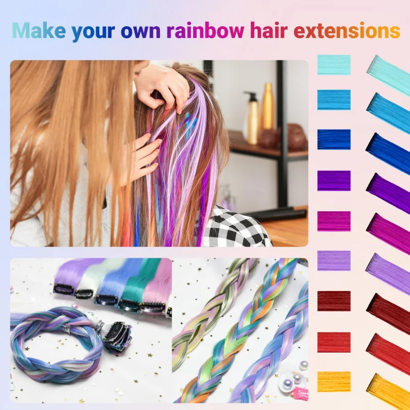 1 5 11 Pcs/lot Clip in Hair Extensions Multi-Colors Highlights Synthetic Hair 22 inch Rainbow Hairpieces for Girls Women Kids