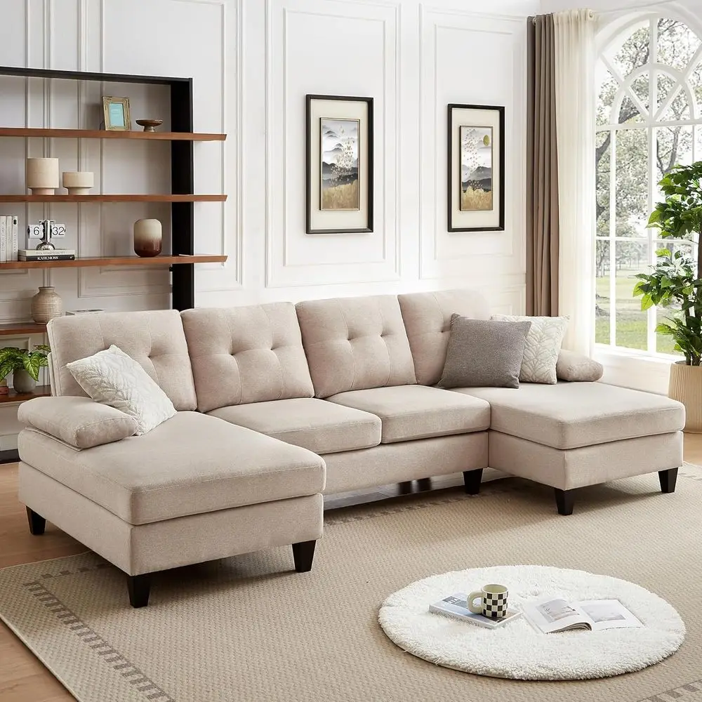 

4 Seater Polyester Sectional Sofa with Double Chaise for Living Room in Beige