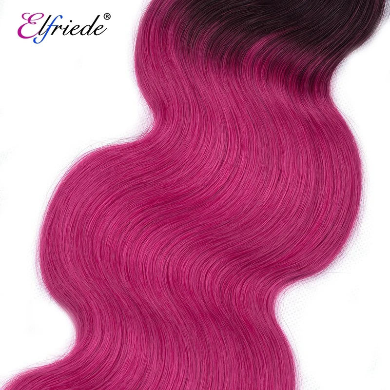 Elfriade-mechones de pelo ondulado con cierre, cabello humano de color ombré # 1B/rosa púrpura, 3 mechones con cierre de encaje, 4x4