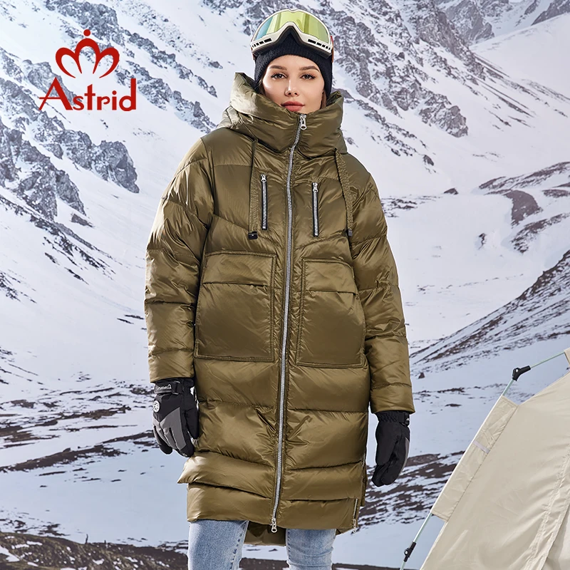 Astrid Women\'s Winter Jacket Hooded Contrast Color Zipper Split Hem Long Parkas Warm Padding Puffer Quilted Coat Thick Snow Wear