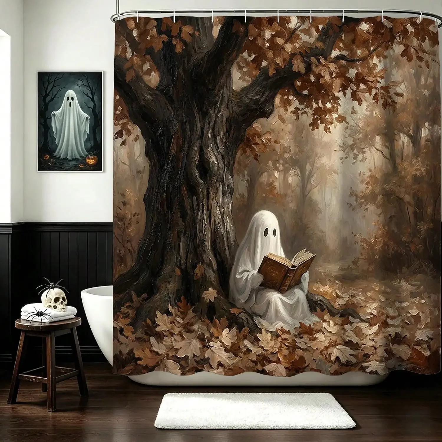 Halloween Shower Curtain for Bathroom Retor Funny Ghost Shower Curtain | 72 X 72 Inch Waterproof Washable Halloween Ghost Bathroom Decor Bath Curtain Set