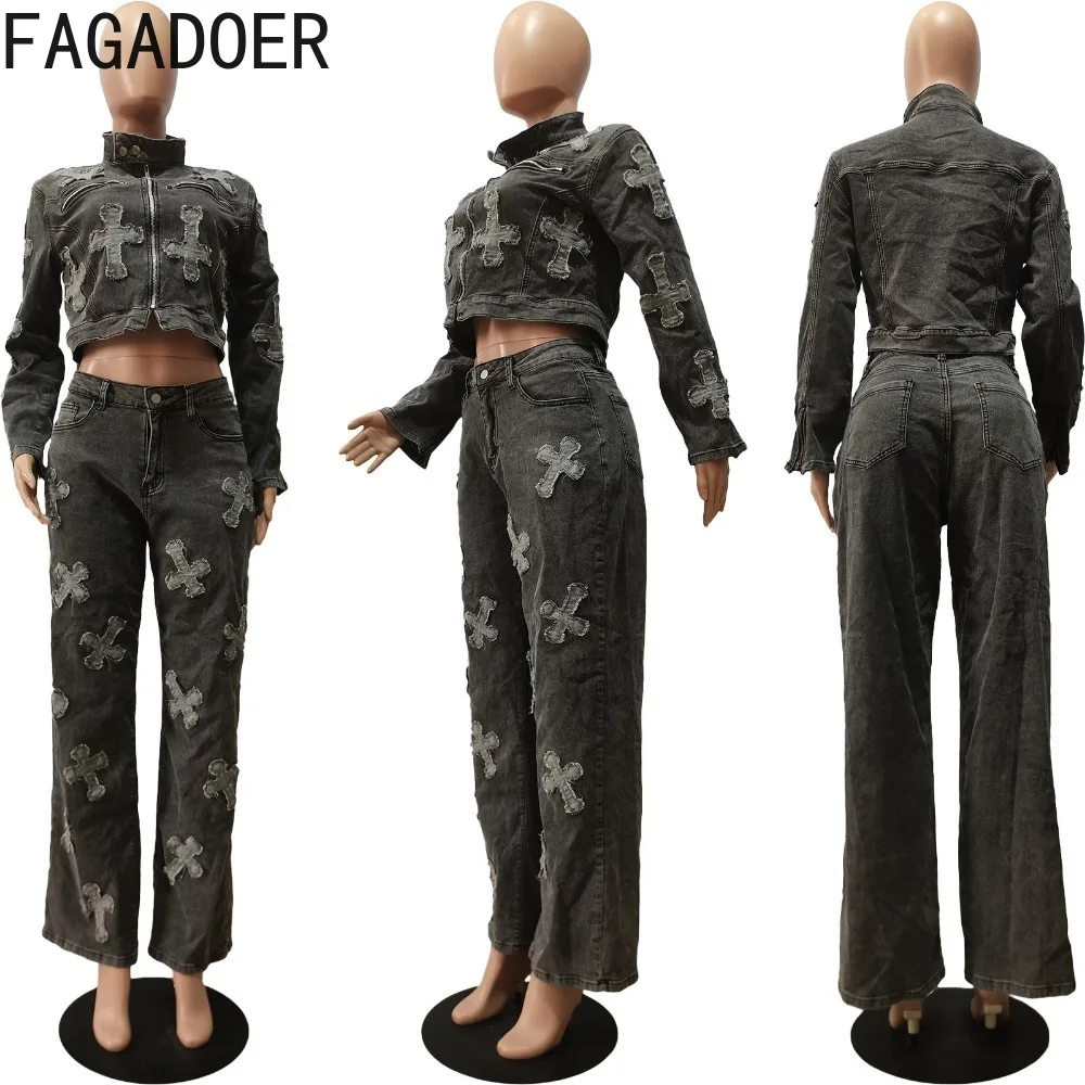 Imagem -05 - Fagadoer-conjunto Jeans de Manga Comprida e Reto Jean para Mulheres Roupas de Peças Streetwear Y2k com Zíper Moda Feminina