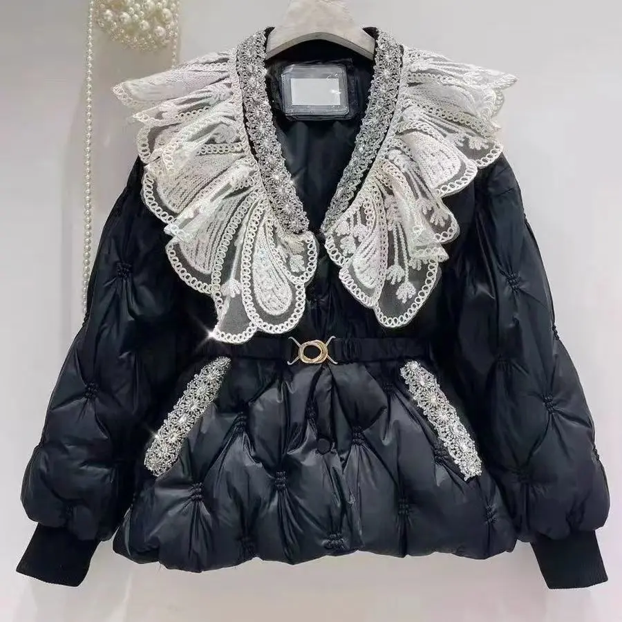 Abrigo acolchado de algodón con cuentas de diamantes para invierno, Parkas acolchadas de plumón, Tops de cárdigan, cuello de muñeca empalmado de