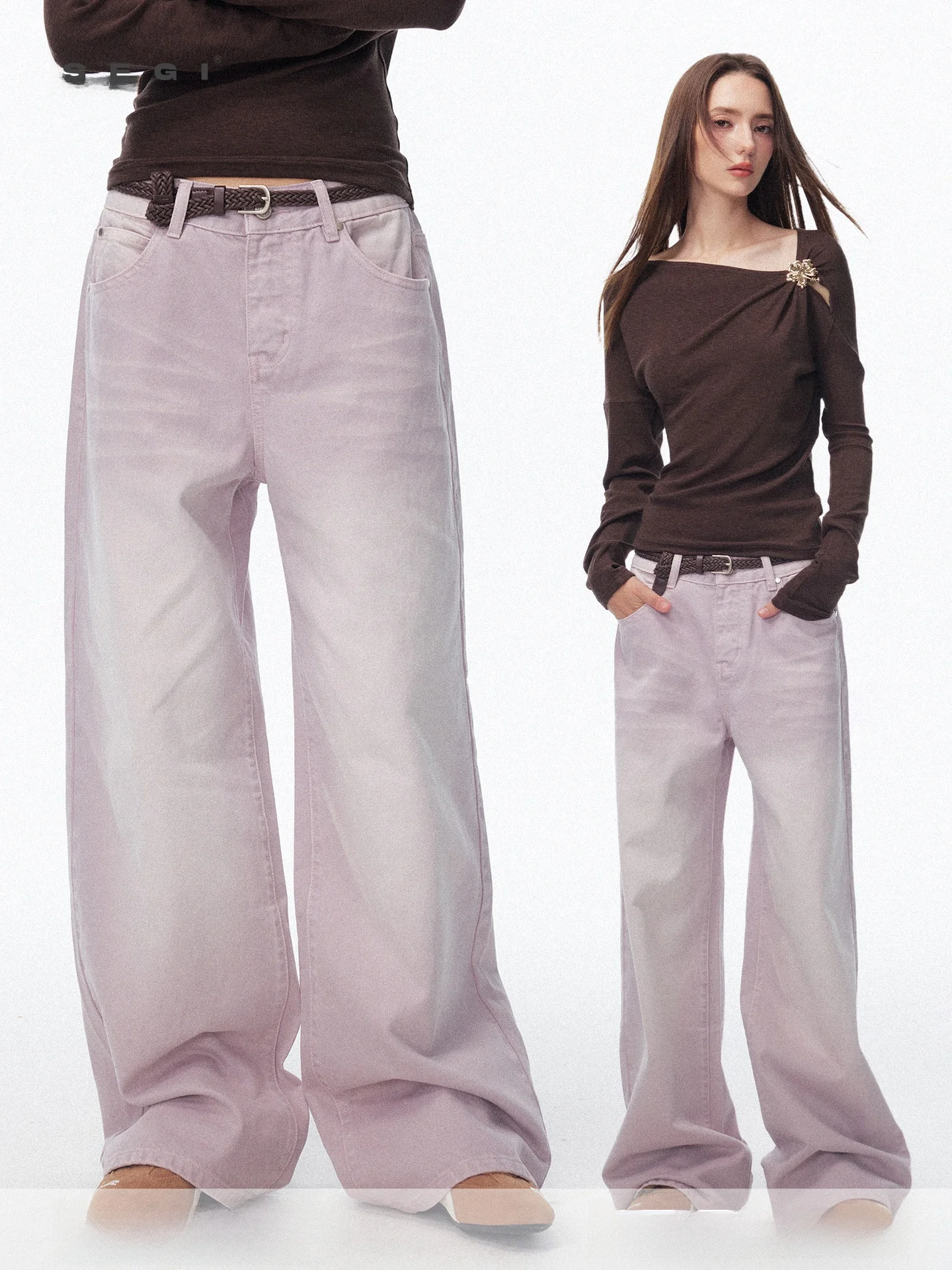 

Segi Original Design adual Waed Pink Cr Denim Jeans Women's Unique High-End Feelings Pants Straight Leg l Waist