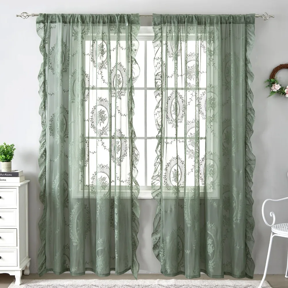 

2 Pcs Elegant Ruffled Edge French Lace Floral Curtain Rustic Embroidered Lace Sheer Curtain Retro Voile Curtain Bedroom