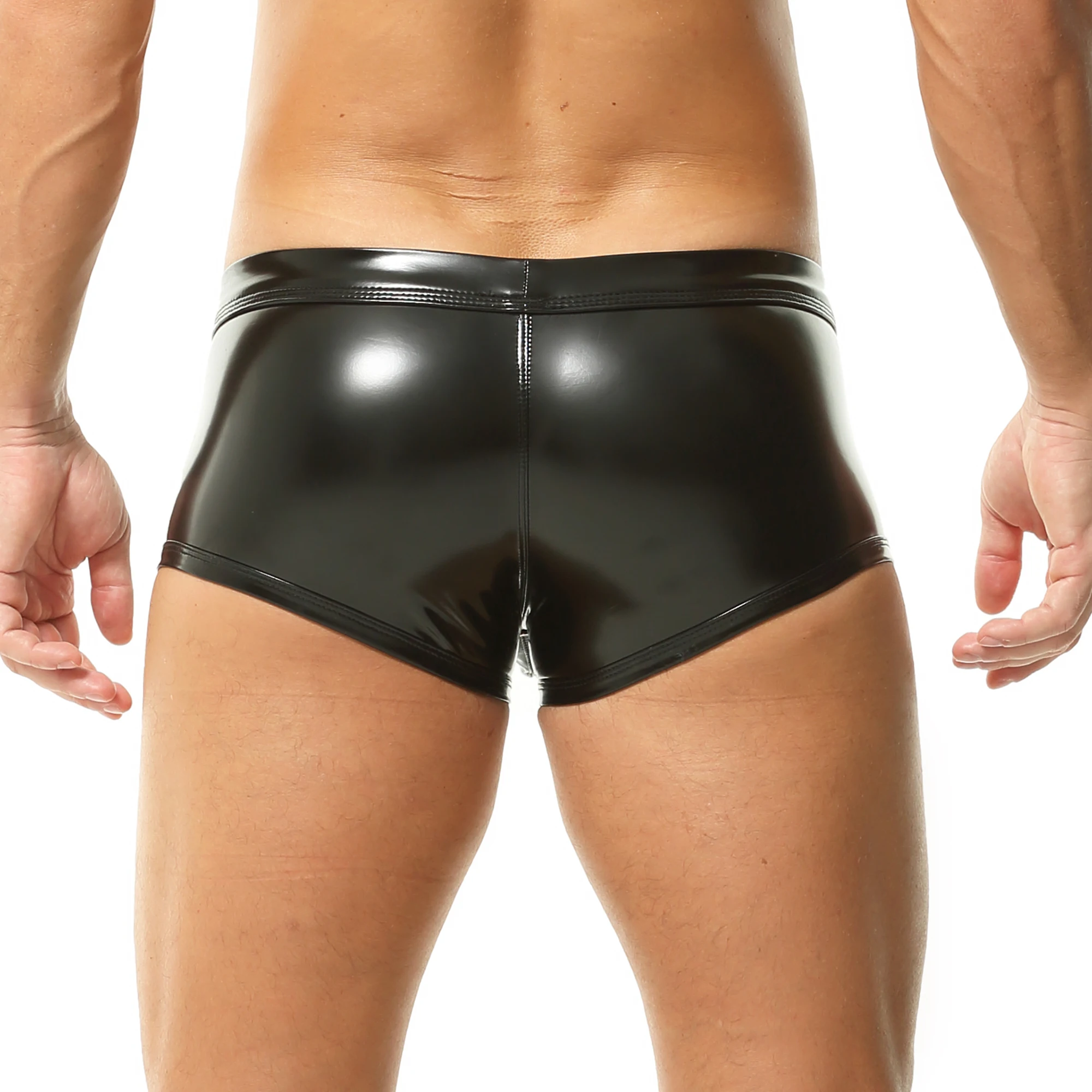 مثير الرجال الجبهة المفتوحة زر متابعة الانتفاخ الحقيبة الملاكمين السراويل لامعة الرطب نظرة السروال بولي Leather سراويل جلدية الذكور الملابس الداخلية الملابس الداخلية