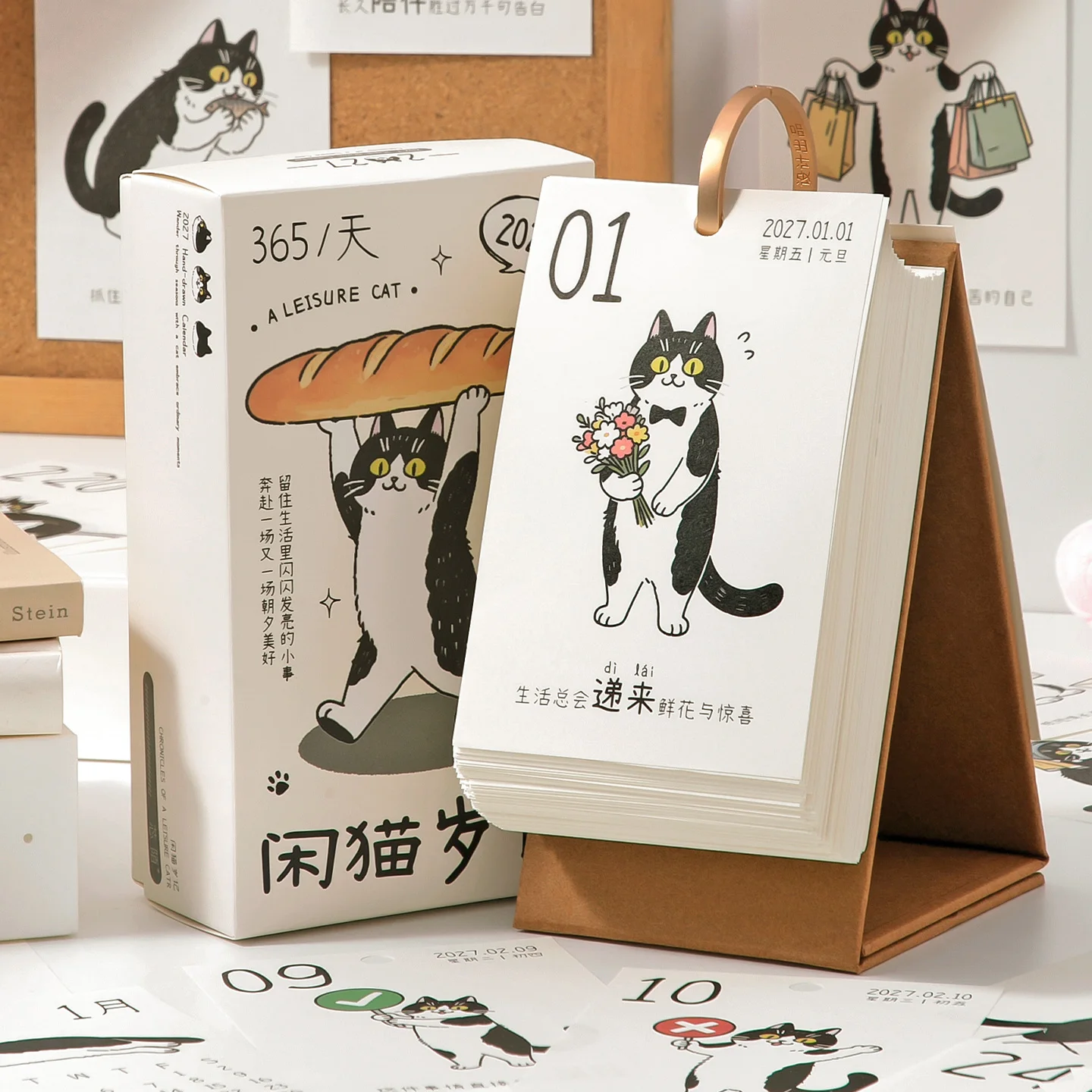 Journal GO 2027 Cute Cat Desk Calendar 365 Days Hand-Drawn Kitten Flip Calendar with Daily Quotes for Home Office and Desk Decor