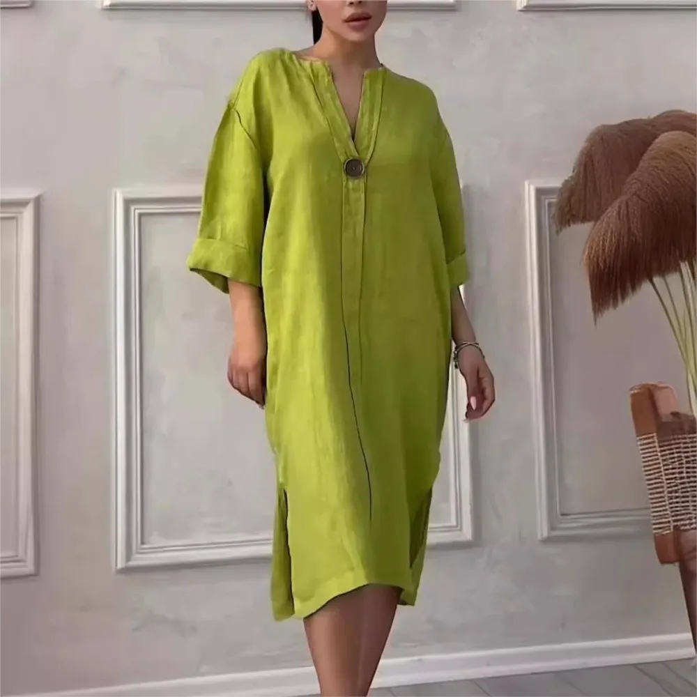Loose V-neck Two Side Slit Pullover Dress 2024 Women's New Cotton And Linen Solid Color Casual Long-Sleeved Button Maxi Dress