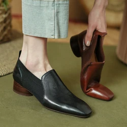 New Fashion Women Loafers Designer Shoes Leather Pumps Square Toe Woman Spring Summer Flats Shoes Ladies Low Heels Black Brown