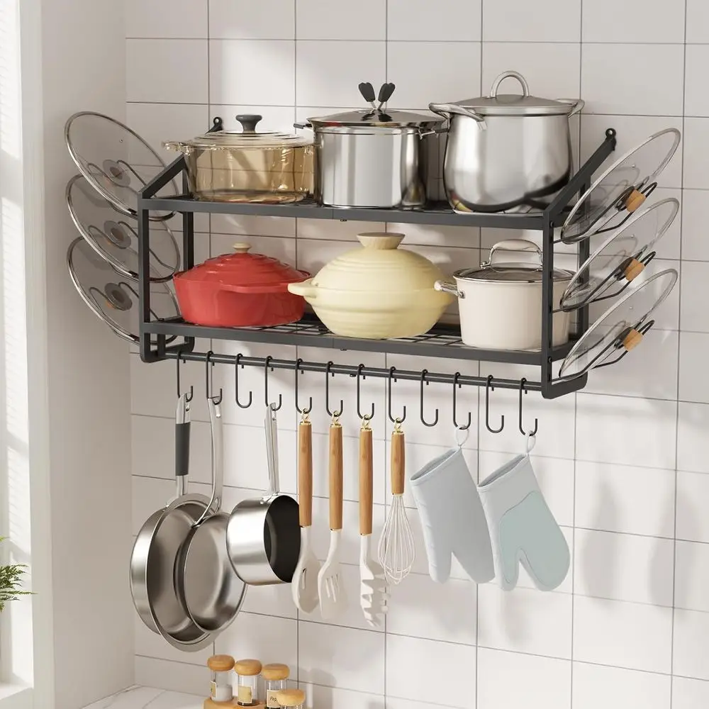 

30 Wall-Mounted Pot Rack with 6 Detachable Lid Holders, 12 Hooks, 2 Shelves, 200lbs Capacity, Space-Saving