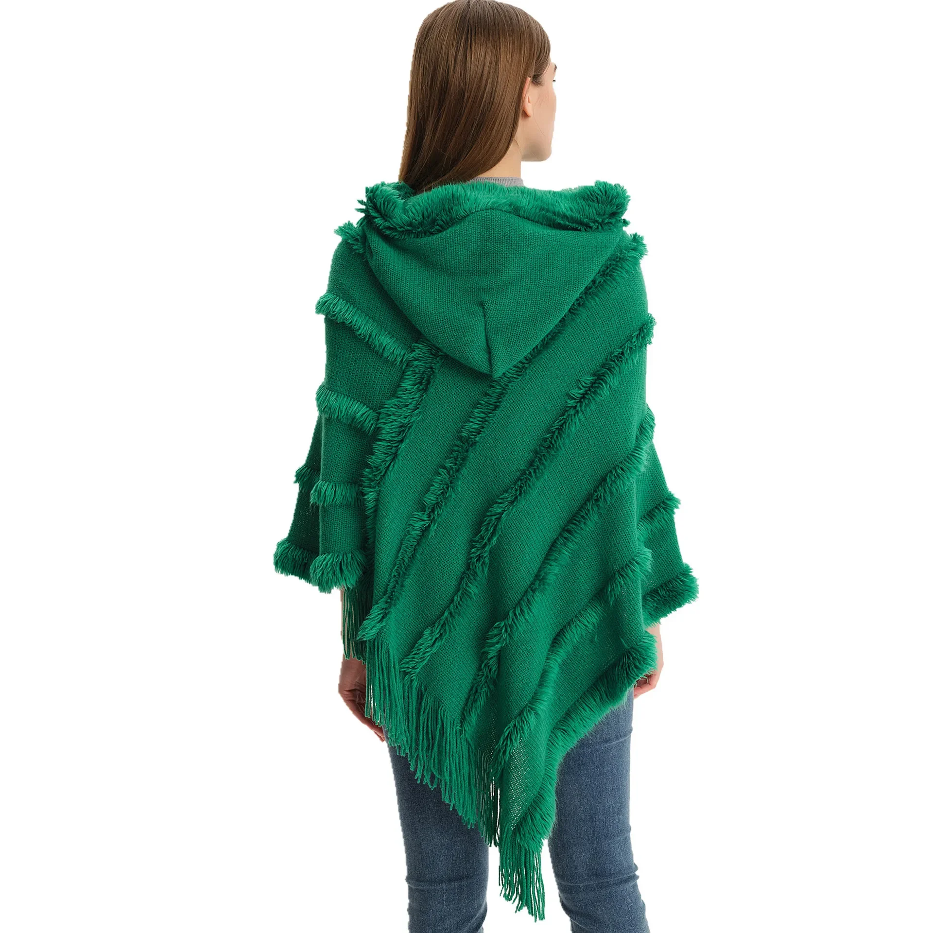 2024 New Winter Cape Shawl Women\'s Solid Color Hooded Sweater Knitted Pullover Cape Shawl