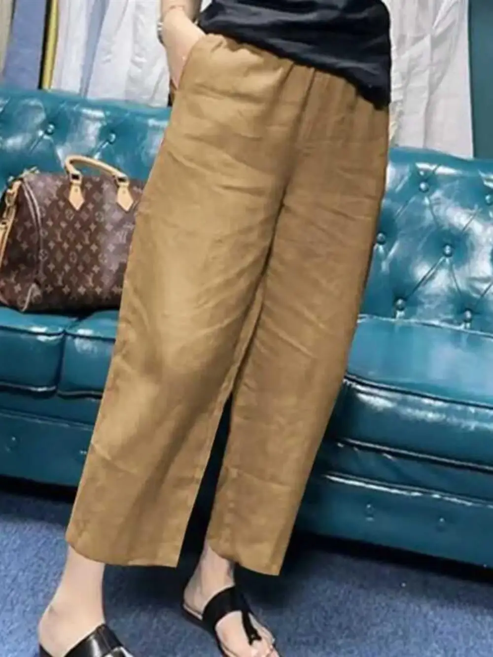 بنطلون صيفي واسع الساق بخصر مرتفع وفضفاض من القطن والكتان، بنطلون نسائي بطول ثلاثة أرباع من الحرير الصناعي والقطن والكتان بتص...