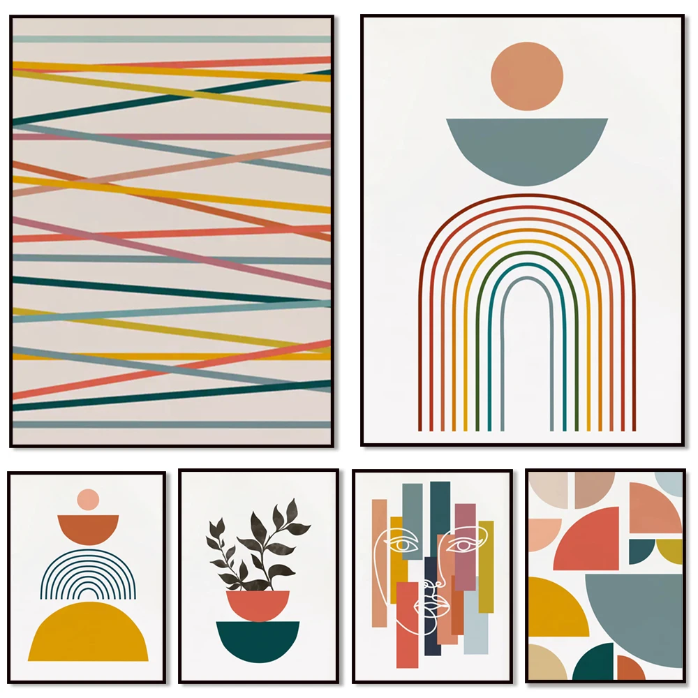 Mid-century modern art prints 6-piece set, abstract shape gallery wall set, blue and pink mustard color geometric printable wall